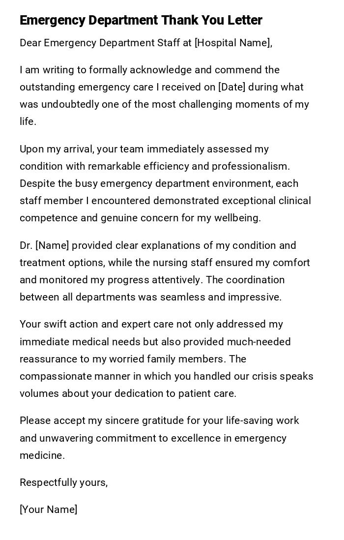 Emergency Department Thank You Letter Emergency Department Thank You Letter