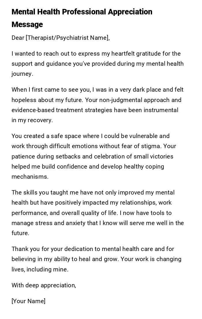 Mental Health Professional Appreciation Message Mental Health Professional Appreciation Message