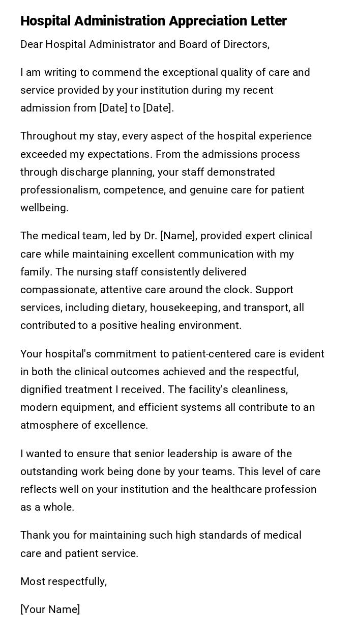Hospital Administration Appreciation Letter Hospital Administration Appreciation Letter