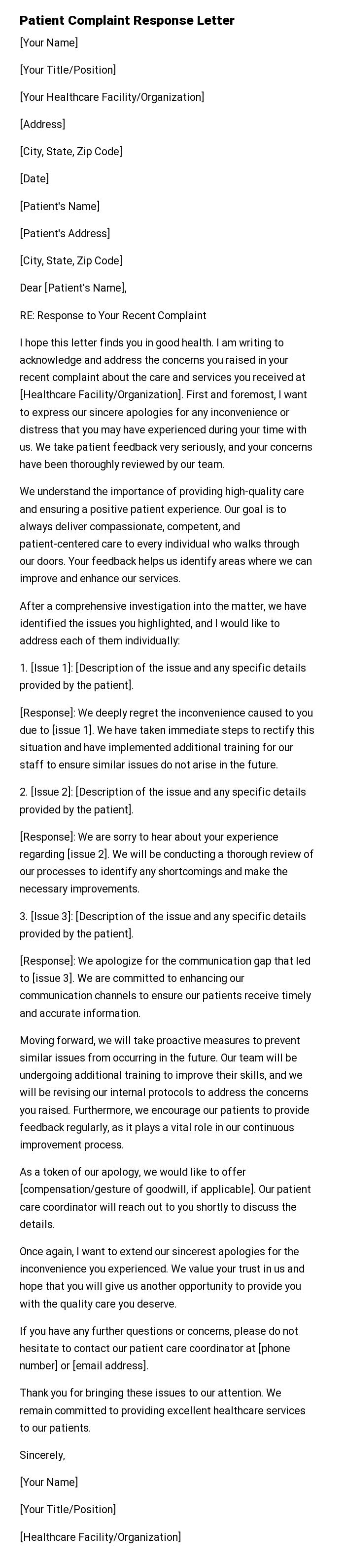 Patient Complaint Response Letter