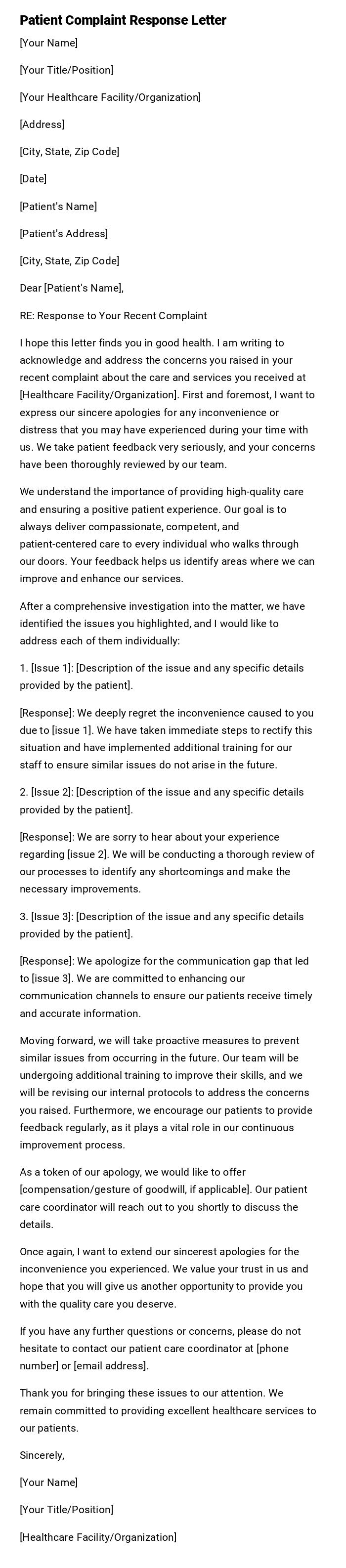 Patient Complaint Response Letter Patient Complaint Response Letter
