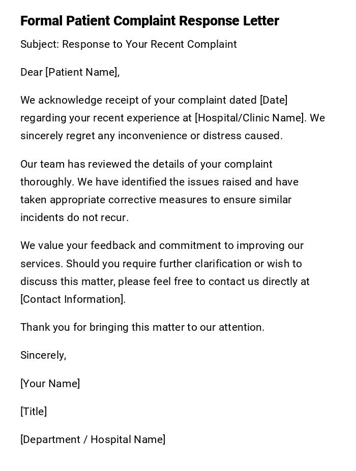 Formal Patient Complaint Response Letter Formal Patient Complaint Response Letter
