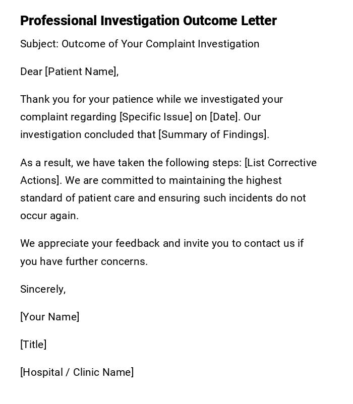 Professional Investigation Outcome Letter Professional Investigation Outcome Letter