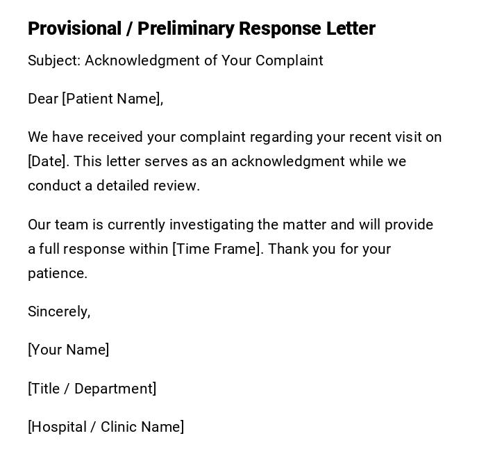 Provisional / Preliminary Response Letter Provisional / Preliminary Response Letter