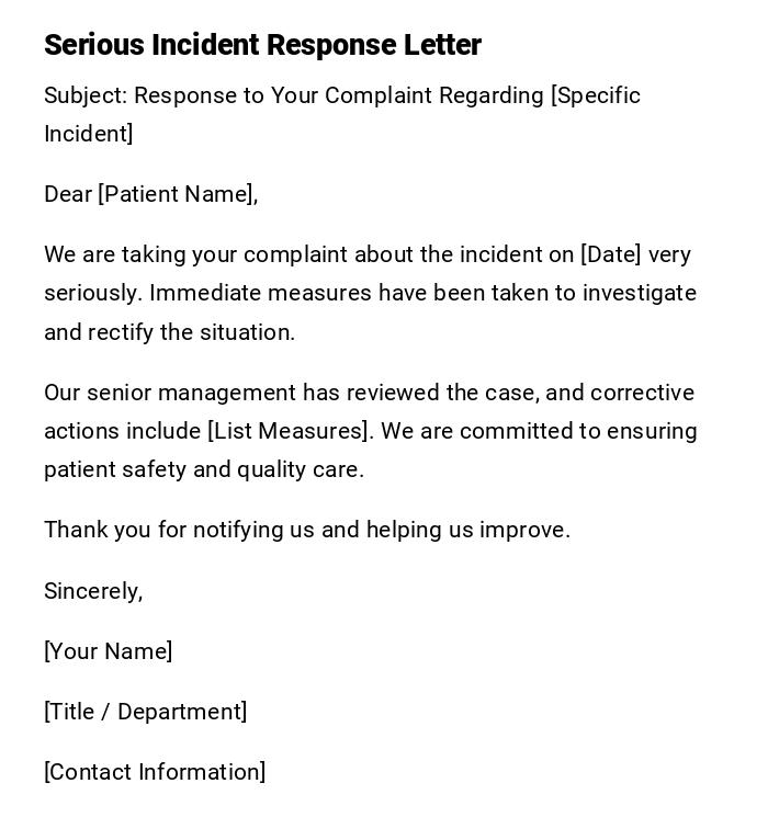 Serious Incident Response Letter Serious Incident Response Letter