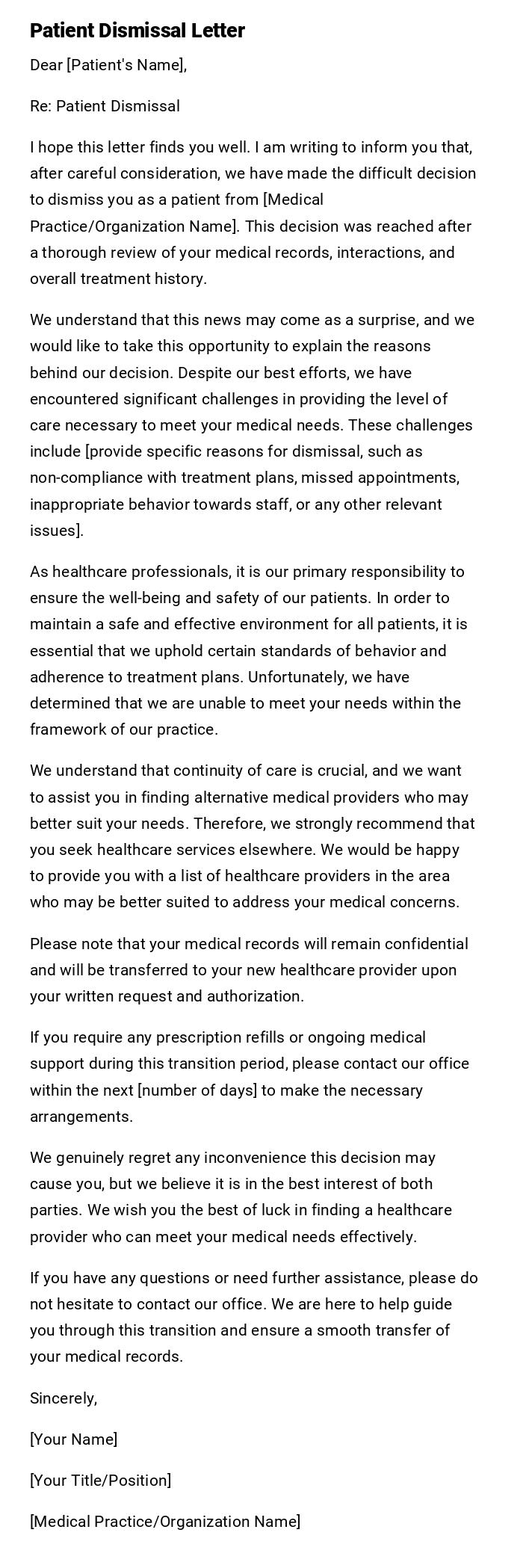 Patient Dismissal Letter Patient Dismissal Letter