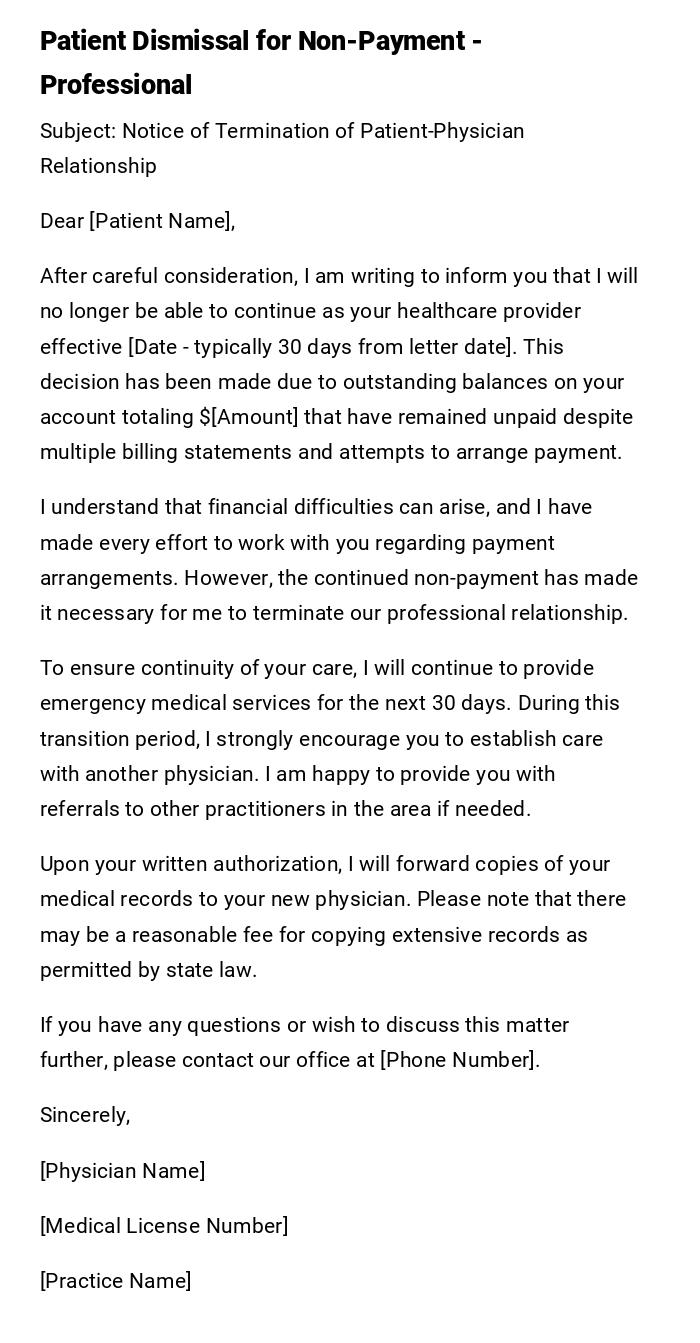 Patient Dismissal for Non-Payment - Professional