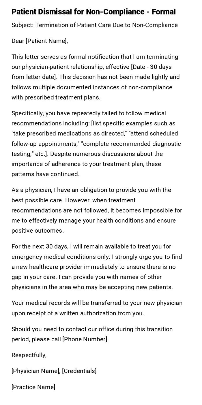 Patient Dismissal for Non-Compliance - Formal