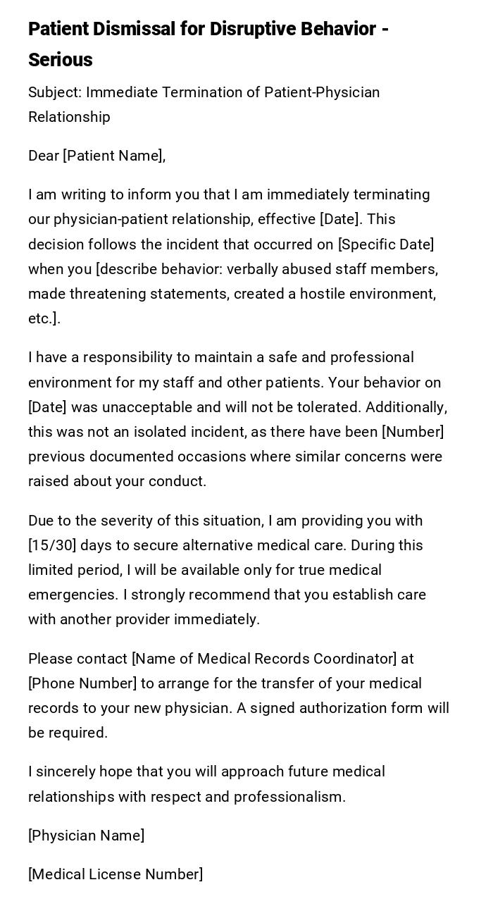 Patient Dismissal for Disruptive Behavior - Serious
