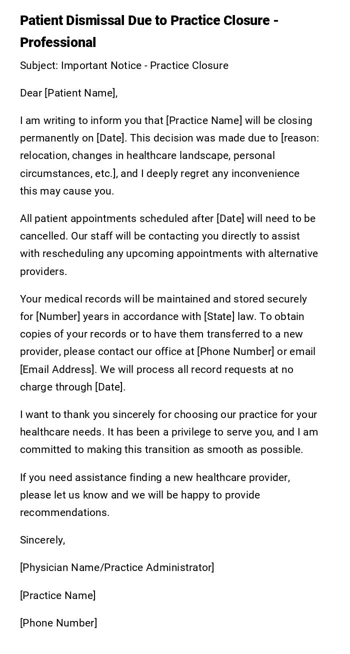 Patient Dismissal Due to Practice Closure - Professional