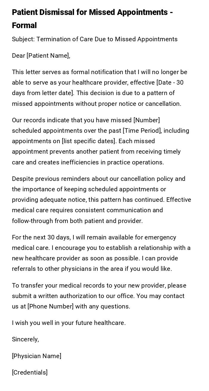 Patient Dismissal for Missed Appointments - Formal