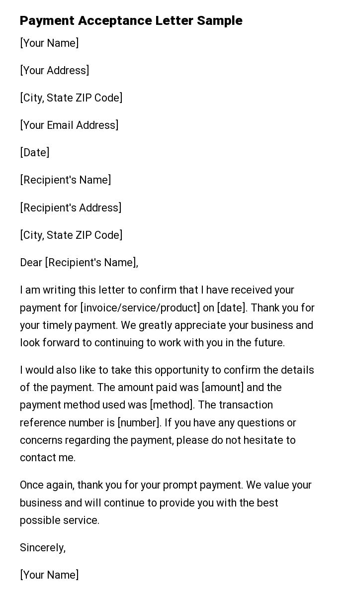 Payment Acceptance Letter Sample