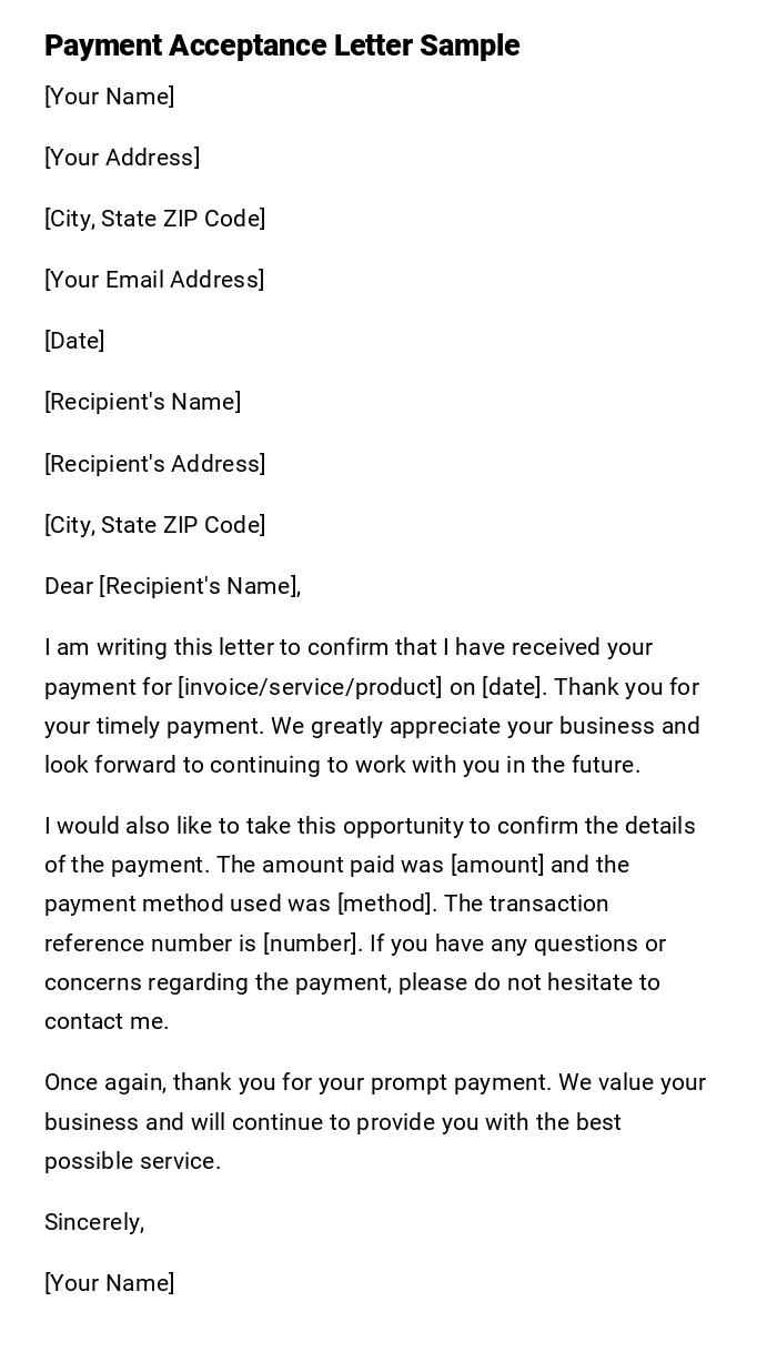 Payment Acceptance Letter Sample