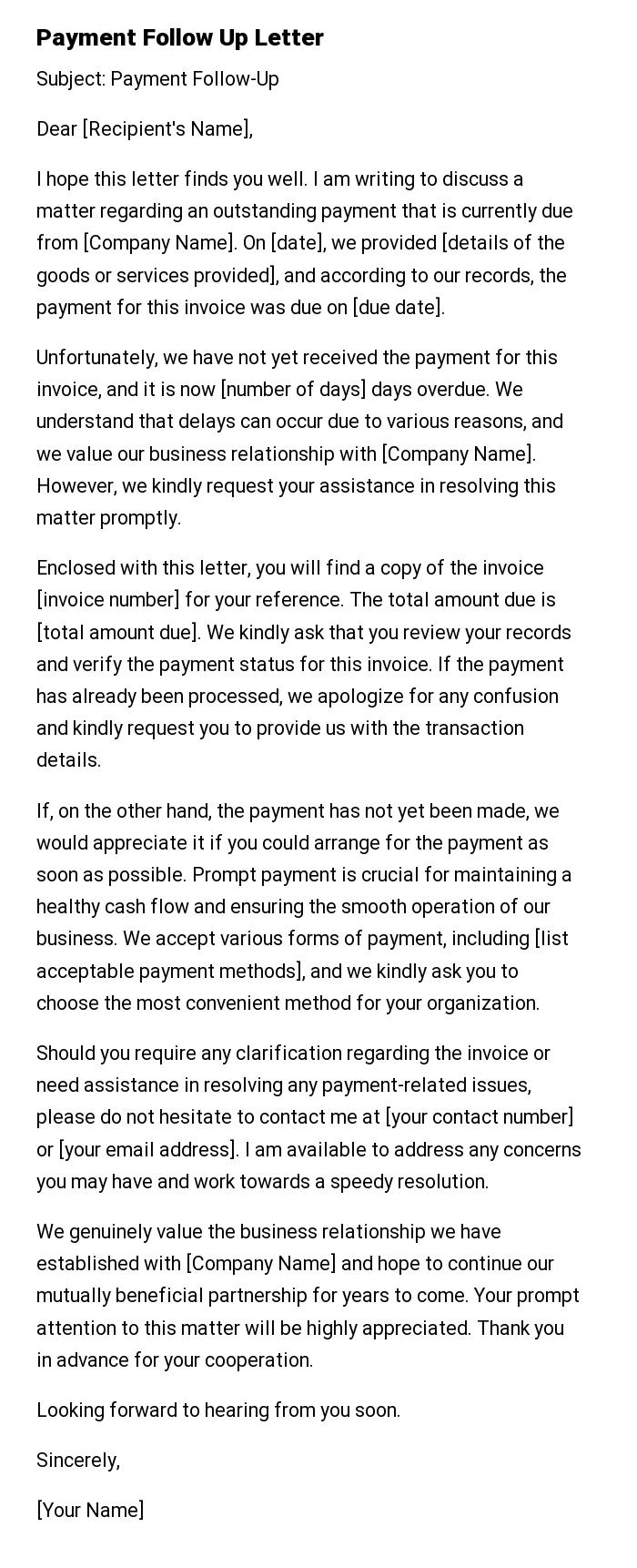 Payment Follow Up Letter