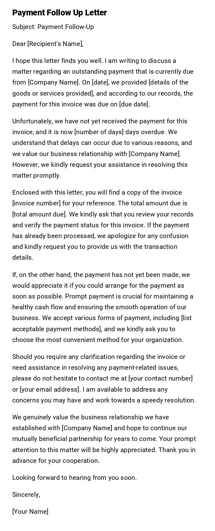 Payment Follow Up Letter