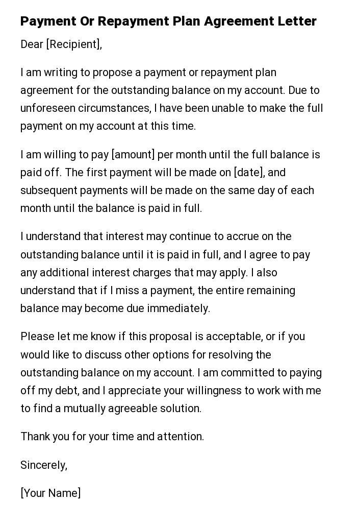 Payment Or Repayment Plan Agreement Letter
