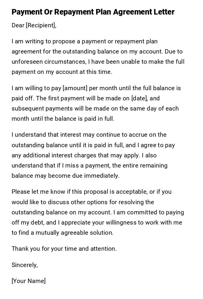 Payment Or Repayment Plan Agreement Letter