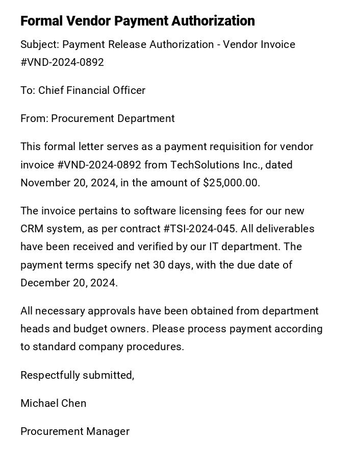 Formal Vendor Payment Authorization Formal Vendor Payment Authorization