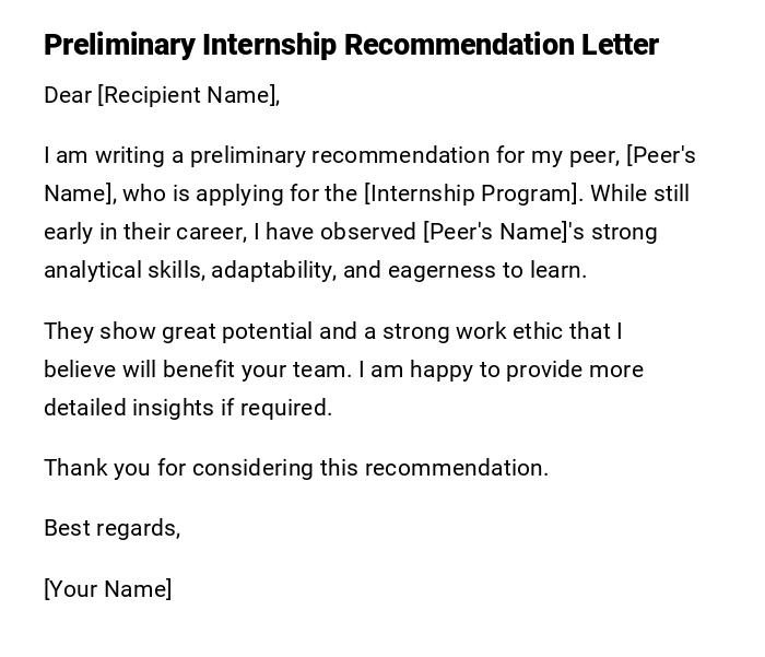 Preliminary Internship Recommendation Letter