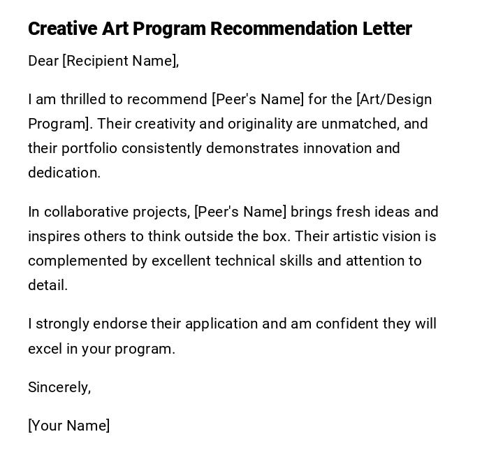 Creative Art Program Recommendation Letter