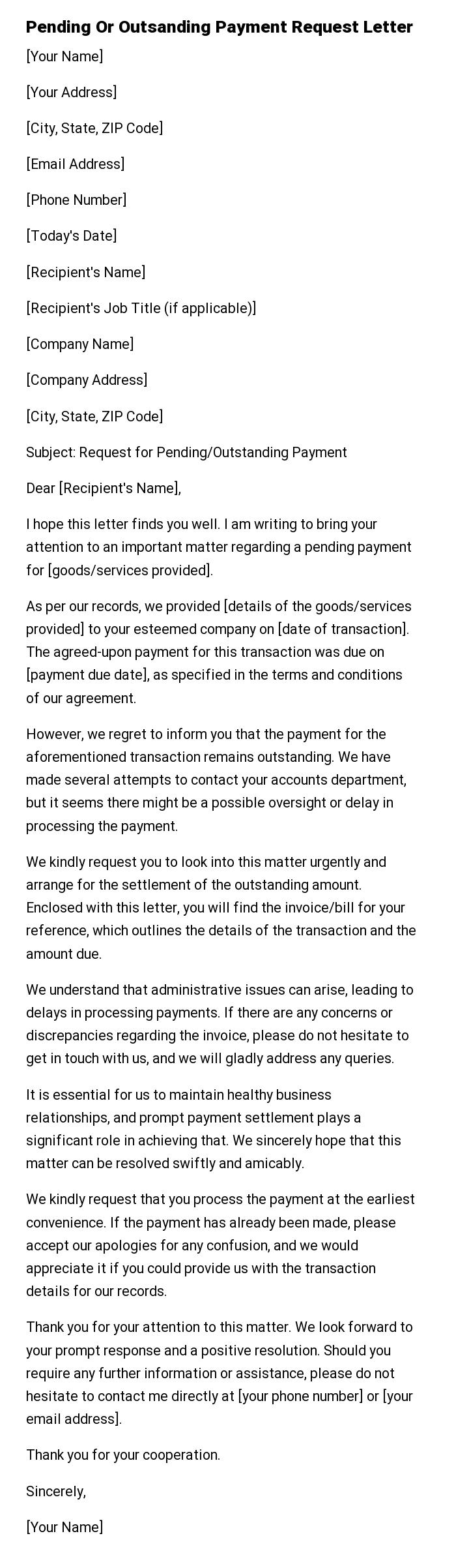 Pending Or Outsanding Payment Request Letter