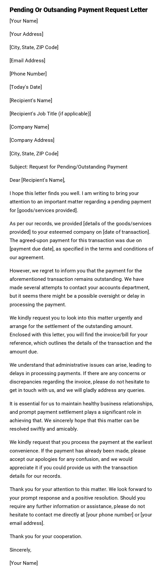 Pending Or Outsanding Payment Request Letter