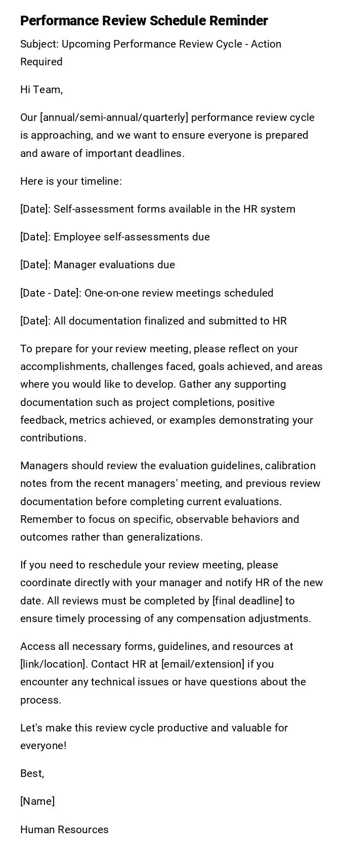 Performance Review Schedule Reminder Performance Review Schedule Reminder