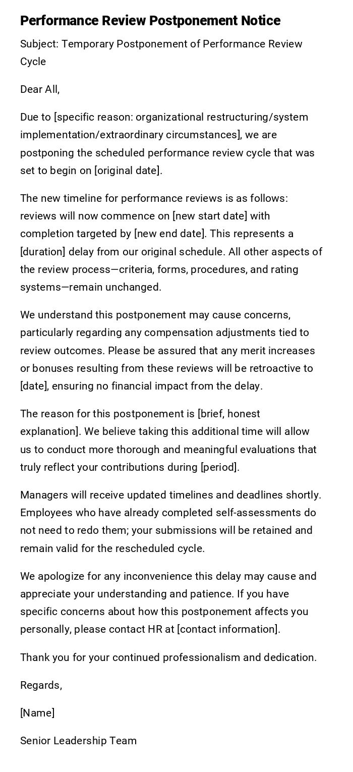 Performance Review Postponement Notice Performance Review Postponement Notice