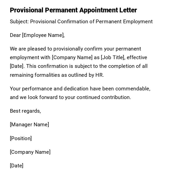 Provisional Permanent Appointment Letter Provisional Permanent Appointment Letter