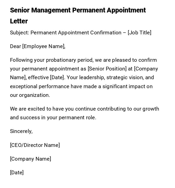 Senior Management Permanent Appointment Letter Senior Management Permanent Appointment Letter
