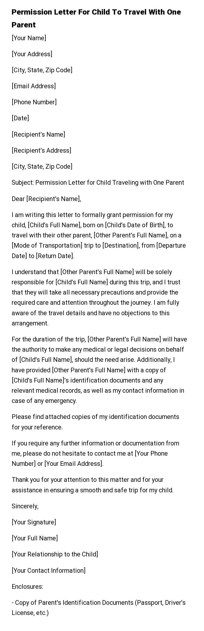 Permission Letter For Child To Travel With One Parent