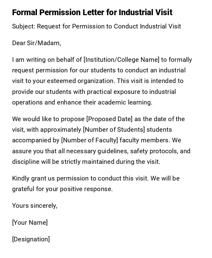 Formal Permission Letter for Industrial Visit Formal Permission Letter for Industrial Visit
