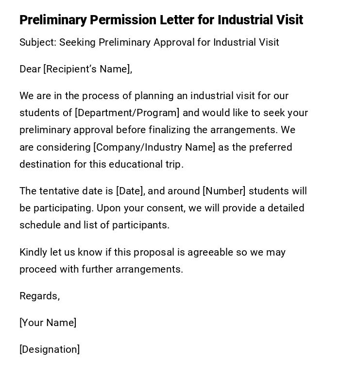 Preliminary Permission Letter for Industrial Visit Preliminary Permission Letter for Industrial Visit