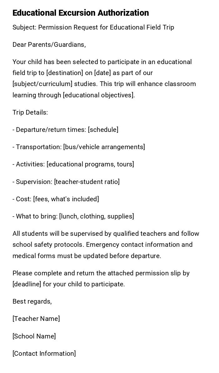 Educational Excursion Authorization Educational Excursion Authorization