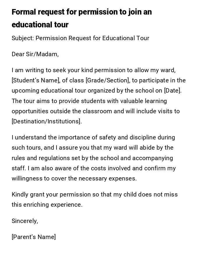 Formal request for permission to join an educational tour