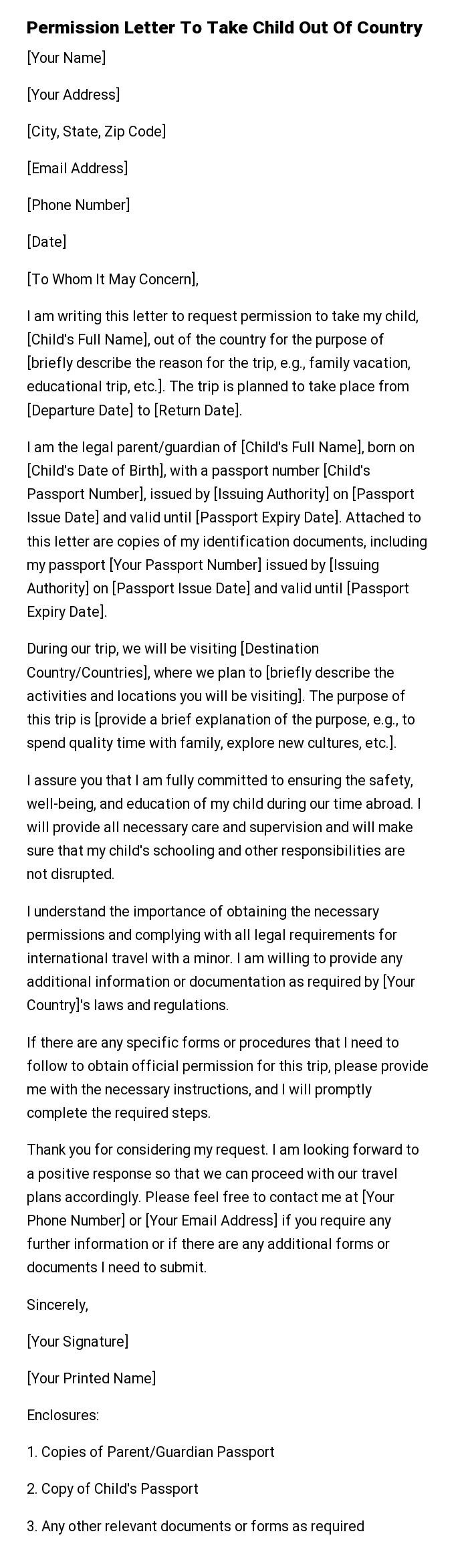 Permission Letter To Take Child Out Of Country