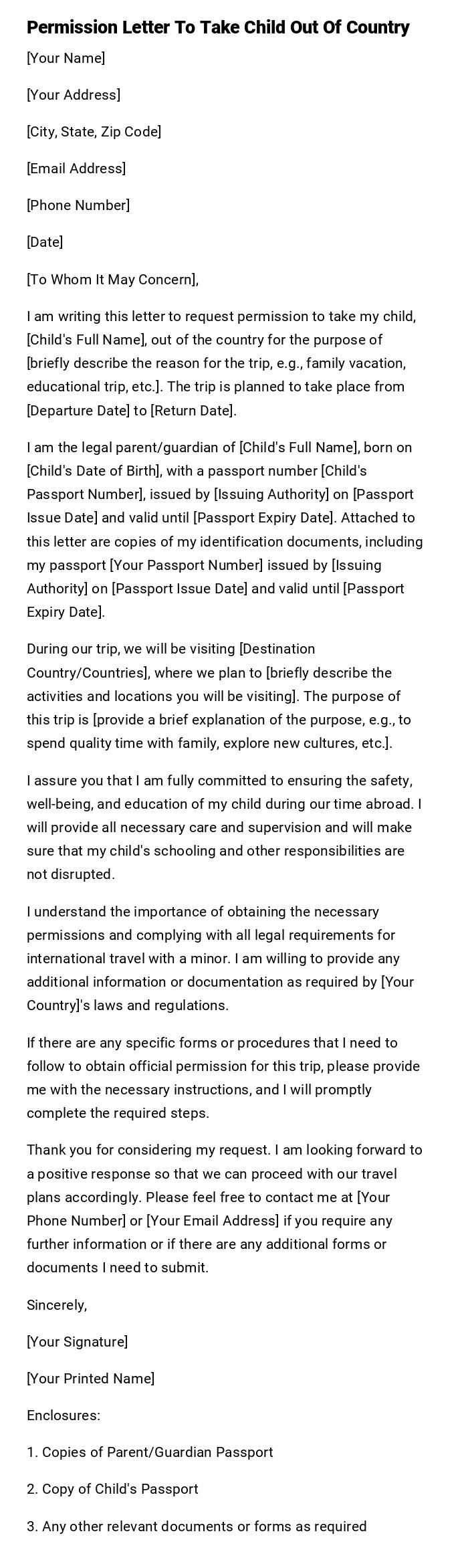 Permission Letter To Take Child Out Of Country