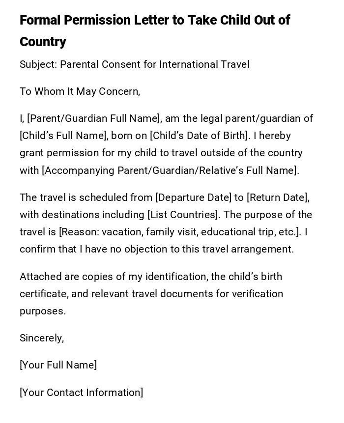 Formal Permission Letter to Take Child Out of Country Formal Permission Letter to Take Child Out of Country