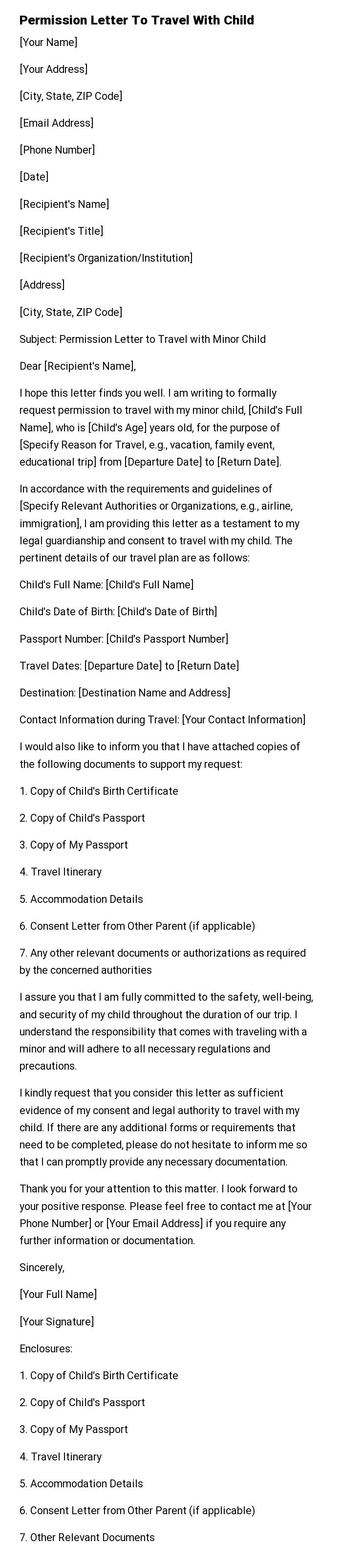 Permission Letter To Travel With Child