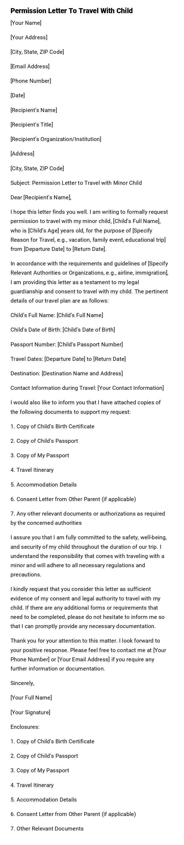 Permission Letter To Travel With Child