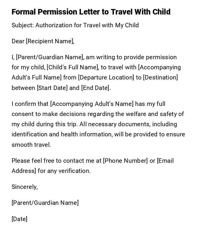 Formal Permission Letter to Travel With Child Formal Permission Letter to Travel With Child