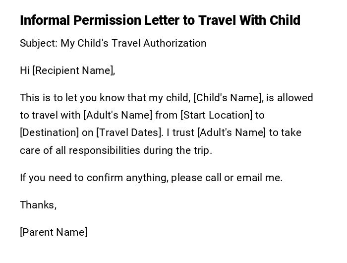 Informal Permission Letter to Travel With Child Informal Permission Letter to Travel With Child