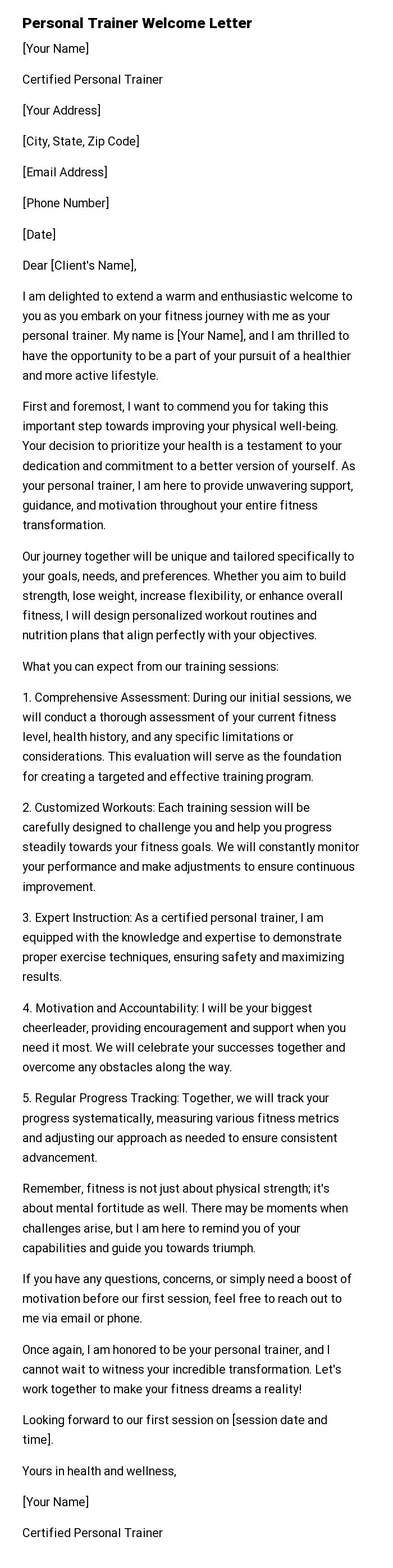 Personal Trainer Welcome Letter