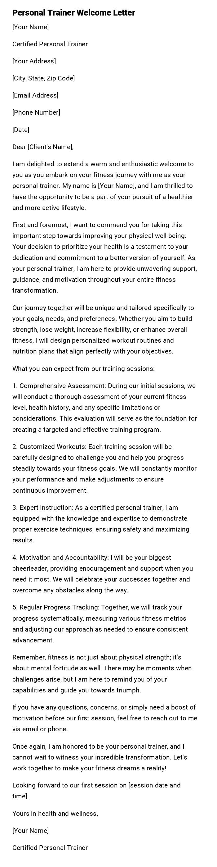 Personal Trainer Welcome Letter