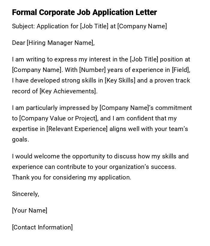 Formal Corporate Job Application Letter Formal Corporate Job Application Letter