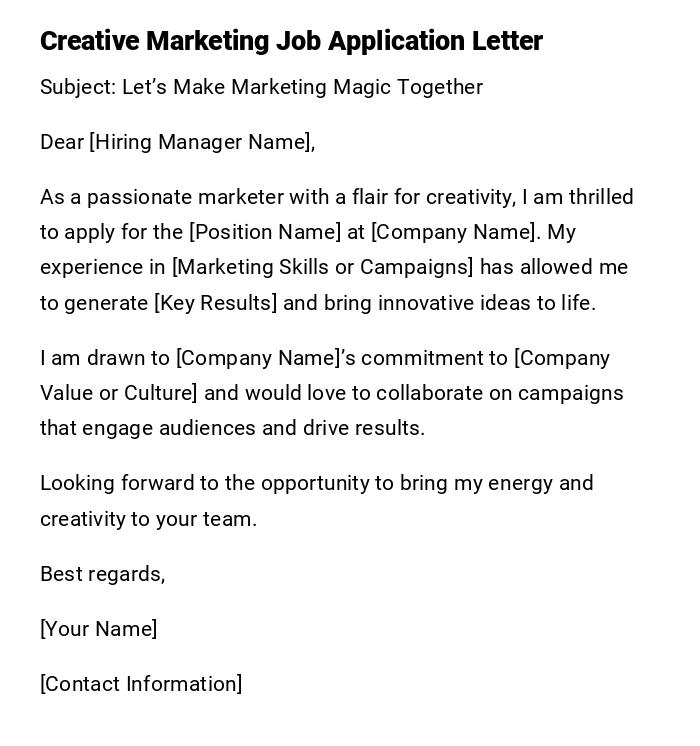Creative Marketing Job Application Letter Creative Marketing Job Application Letter