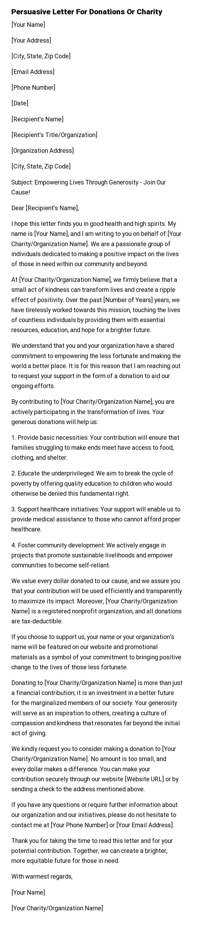 Persuasive Letter For Donations Or Charity