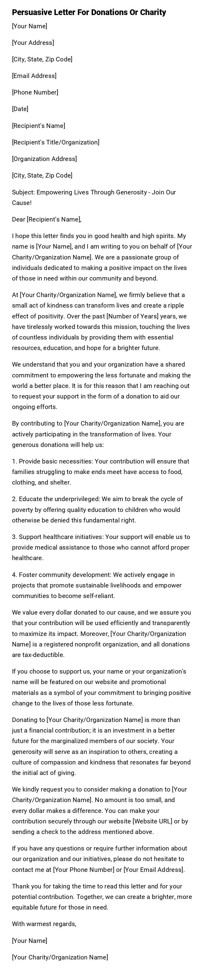 Persuasive Letter For Donations Or Charity