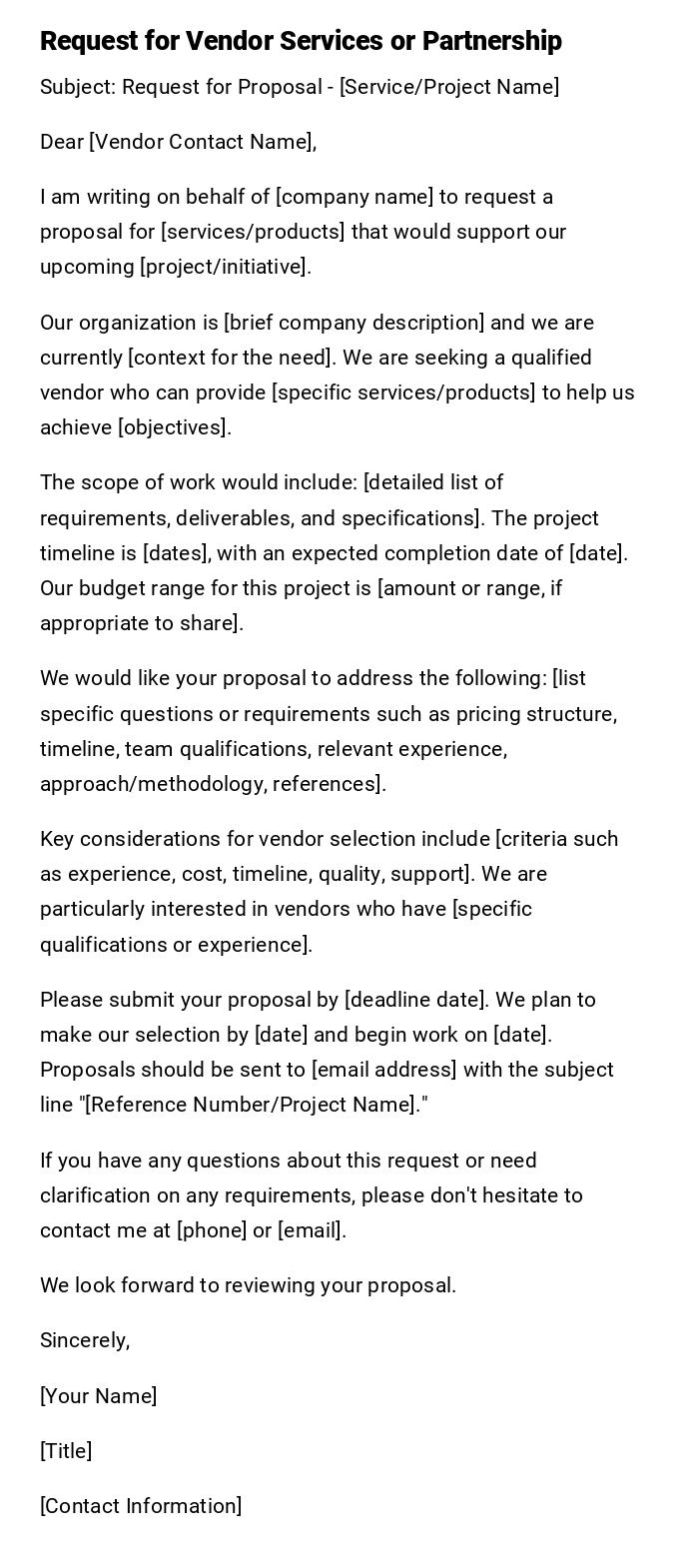 Request for Vendor Services or Partnership Request for Vendor Services or Partnership