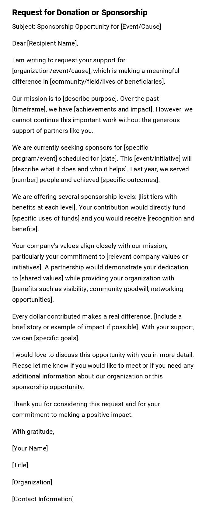 Request for Donation or Sponsorship Request for Donation or Sponsorship